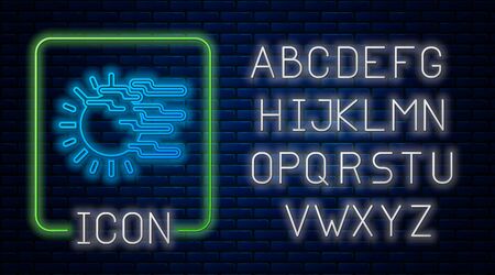 Glowing neon Fog and sun icon isolated on brick wall background. Neon light alphabet. Vector Illustrationのイラスト素材