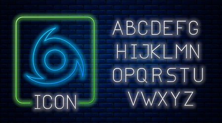 Glowing neon Tornado icon isolated on brick wall background. Cyclone, whirlwind, storm funnel, hurricane wind or twister weather icon. Neon light alphabet. Vector Illustrationのイラスト素材
