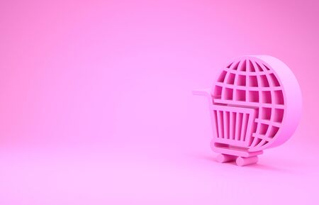 Pink Shopping cart with globe icon isolated on pink background. Online buying concept. Global market concept. Supermarket basket symbol. Minimalism concept. 3d illustration 3D renderの写真素材