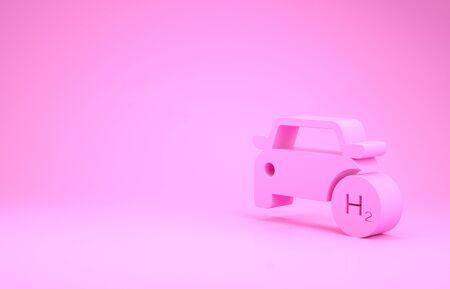 Pink Hydrogen car icon isolated on pink background. H2 station sign. Hydrogen fuel cell car eco environment friendly zero emission. Minimalism concept. 3d illustration 3D renderの写真素材