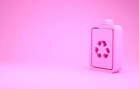 Pink Battery with recycle symbol line icon isolated on pink background. Battery with recycling symbol - renewable energy concept. Minimalism concept. 3d illustration 3D renderの写真素材