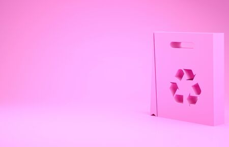 Pink Paper shopping bag with recycle icon isolated on pink background. Bag with recycling symbol. Minimalism concept. 3d illustration 3D renderの写真素材