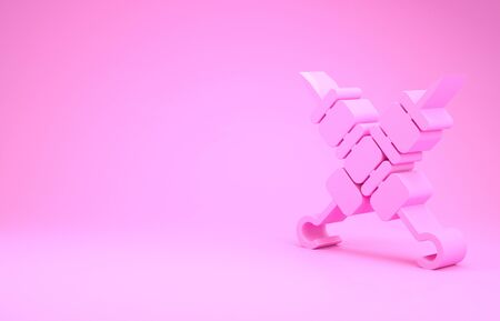 Pink Crossed grilled shish kebab on skewers stick icon isolated on pink background. Meat kebab on skewers stick. Picnic with grill meat. Minimalism concept. 3d illustration 3D renderの写真素材