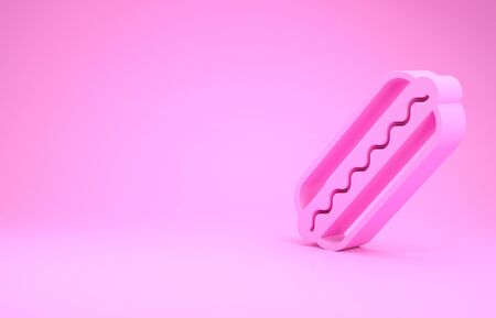 Pink Hotdog sandwich with mustard icon isolated on pink background. Sausage icon. Fast food sign. Minimalism concept. 3d illustration 3D renderの写真素材