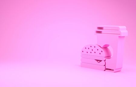 Pink Coffee and burger icon isolated on pink background. Fast food symbol. Minimalism concept. 3d illustration 3D renderの写真素材