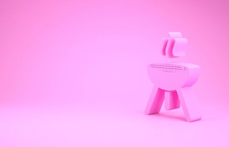 Pink Barbecue grill icon isolated on pink background. BBQ grill party. Minimalism concept. 3d illustration 3D renderの写真素材