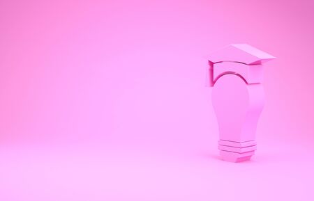 Pink Light bulb and graduation cap icon isolated on pink background. University Education concept. Minimalism concept. 3d illustration 3D renderの写真素材