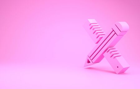 Pink Crossed ruler and pencil icon isolated on pink background. Straightedge symbol. Drawing and educational tools. Minimalism concept. 3d illustration 3D renderの写真素材