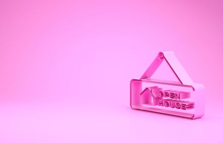 Pink Hanging sign with text Open house icon isolated on pink background. Signboard with text Open house. Minimalism concept. 3d illustration 3D renderの写真素材