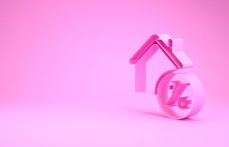 Pink House with percant discount tag icon isolated on pink background. House percentage sign price. Real estate home. Credit percentage symbol. Minimalism concept. 3d illustration 3D renderの写真素材