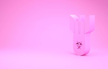 Pink Biohazard bomb icon isolated on pink background. Rocket bomb flies down. Minimalism concept. 3d illustration 3D renderの写真素材