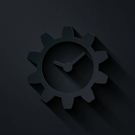 Paper cut Time Management icon isolated on black background. Clock and gear sign. Paper art style. Vector Illustrationのイラスト素材