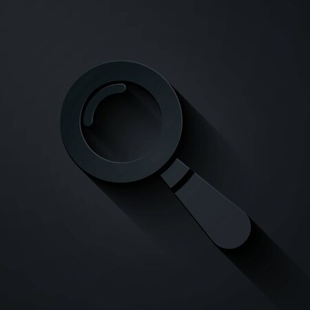 Paper cut Magnifying glass icon isolated on black background. Search, focus, zoom, business symbol. Paper art style. Vector Illustrationのイラスト素材