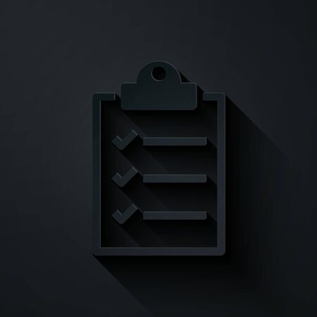 Paper cut Clipboard with checklist icon isolated on black background. Paper art style. Vector Illustrationのイラスト素材