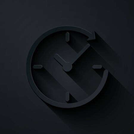 Paper cut Clock with arrow icon isolated on black background. Time symbol. Clockwise rotation icon arrow and time. Paper art style. Vector Illustrationのイラスト素材