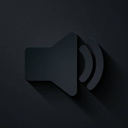 Paper cut Speaker volume icon - audio voice sound symbol, media music icon isolated on black background. Paper art style. Vector Illustrationのイラスト素材