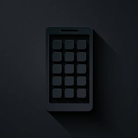 Paper cut Mobile Apps icon isolated on black background. Smartphone with screen icons, applications. mobile phone showing screen. Paper art style. Vector Illustrationのイラスト素材
