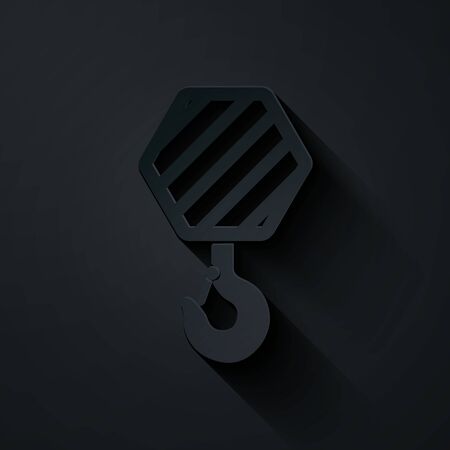 Paper cut Industrial hook icon isolated on black background. Crane hook icon. Paper art style. Vector Illustrationのイラスト素材