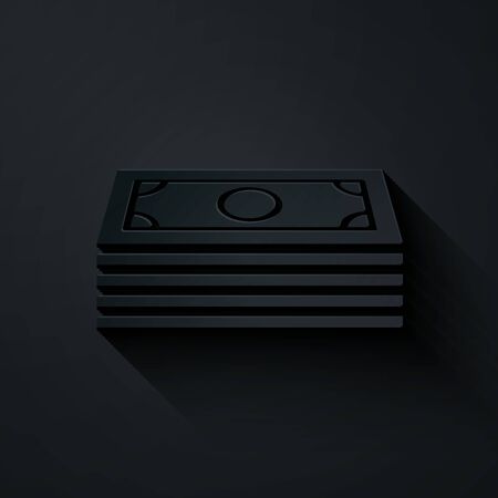 Paper cut Stacks paper money cash icon isolated on black background. Money banknotes stacks. Bill currency. Paper art style. Vector Illustrationのイラスト素材