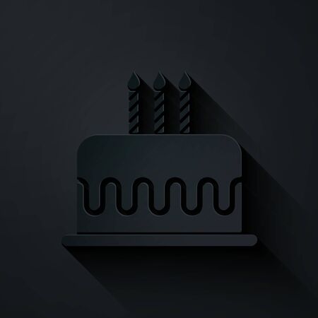 Paper cut Cake with burning candles icon isolated on black background. Happy Birthday. Paper art style. Vector Illustrationのイラスト素材