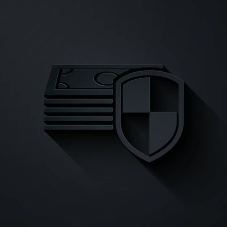 Paper cut Money protection icon isolated on black background. Financial security, bank account protection, fraud prevention, secure money transaction. Paper art style. Vector Illustrationのイラスト素材