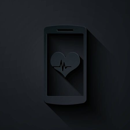 Paper cut Smartphone with heart rate monitor function icon isolated on black background. Paper art style. Vector Illustrationのイラスト素材