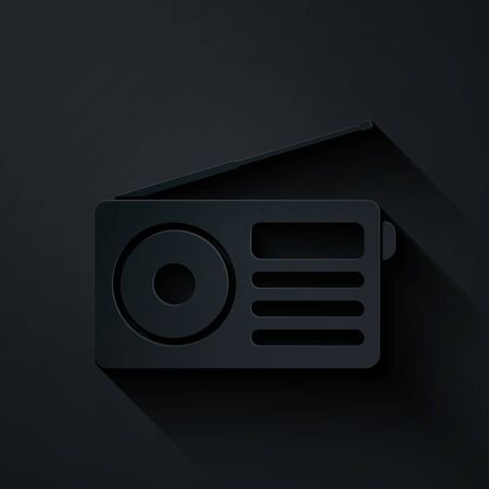 Paper cut Radio with antenna icon isolated on black background. Paper art style. Vector Illustrationのイラスト素材