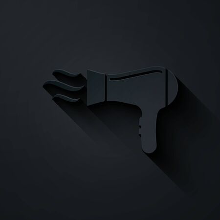 Paper cut Hair dryer icon isolated on black background. Hairdryer sign. Hair drying symbol. Blowing hot air. Paper art style. Vector Illustrationのイラスト素材