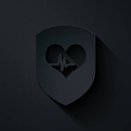 Paper cut Shield and heart rate icon isolated on black background. Health protection concept. Health care. Paper art style. Vector Illustrationのイラスト素材
