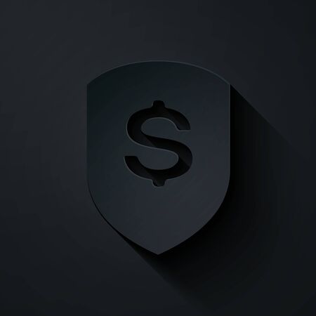 Paper cut Shield and dollar icon isolated on black background. Security shield protection. Money security concept. Paper art style. Vector Illustrationのイラスト素材