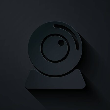 Paper cut Web camera icon isolated on black background. Chat camera. Webcam icon. Paper art style. Vector Illustrationのイラスト素材