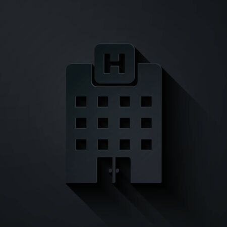 Paper cut Medical hospital building with cross icon isolated on black background. Medical center. Health care. Paper art style. Vector Illustrationのイラスト素材