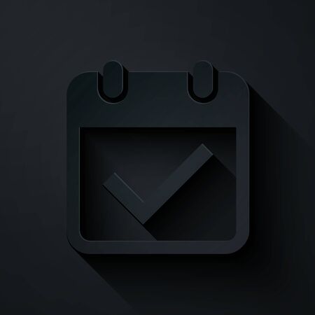 Paper cut Calendar with check mark icon isolated on black background. Paper art style. Vector Illustrationのイラスト素材