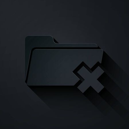Paper cut Delete folder icon isolated on black background. Folder with recycle bin. Delete or error folder. Close computer information folder. Paper art style. Vector Illustrationのイラスト素材