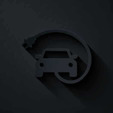 Paper cut Electric car and electrical cable plug charging icon isolated on black background. Renewable eco technologies. Paper art style. Vector Illustrationのイラスト素材