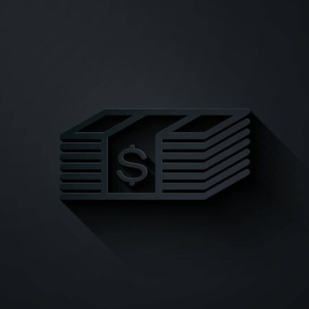 Paper cut Paper money american dollars cash icon isolated on black background. Money banknotes stack with dollar icon. Bill currency. Paper art style. Vector Illustrationのイラスト素材