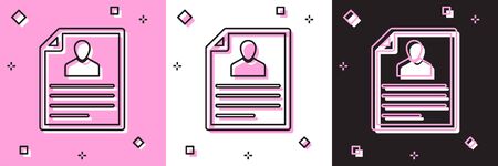 Set Resume icon isolated on pink and white, black background. CV application. Searching professional staff. Analyzing personnel resume. Vector Illustrationのイラスト素材