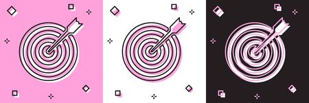 Set Target with arrow icon isolated on pink and white, black background. Dart board sign. Archery board icon. Dartboard sign. Business goal concept. Vector Illustrationのイラスト素材