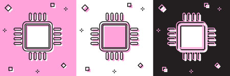Set Computer processor with microcircuits CPU icon isolated on pink and white, black background....
