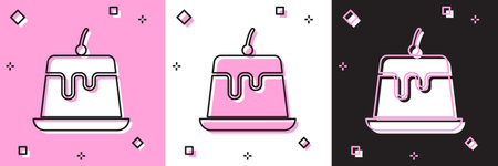 Set Pudding custard with caramel glaze icon isolated on pink and white, black background. Vector...