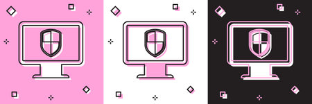Set Monitor and shield icon isolated on pink and white, black background. Computer security, firewall technology, internet privacy safety or antivirus. Vector Illustrationのイラスト素材