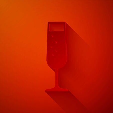 Paper cut Glass of champagne icon isolated on red background. Paper art style. Vector Illustrationのイラスト素材