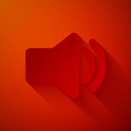 Paper cut Speaker volume icon - audio voice sound symbol, media music icon isolated on red background. Paper art style. Vector Illustrationのイラスト素材