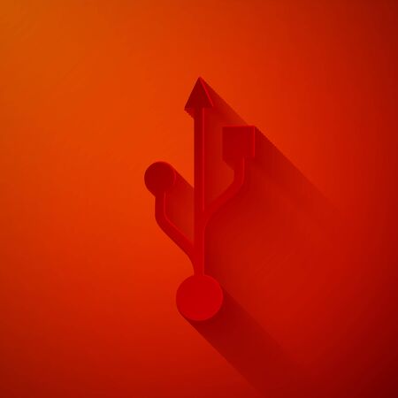 Paper cut USB symbol icon isolated on red background. Paper art style. Vector Illustrationのイラスト素材
