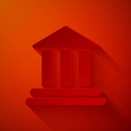 Paper cut Bank building icon isolated on red background. Paper art style. Vector Illustrationのイラスト素材