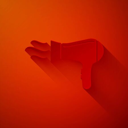 Paper cut Hair dryer icon isolated on red background. Hairdryer sign. Hair drying symbol. Blowing hot air. Paper art style. Vector Illustrationのイラスト素材