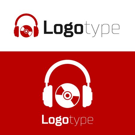 Red Headphones and CD or DVD icon isolated on white background. Earphone sign. Compact disk symbol. Logo design template element. Vector Illustrationのイラスト素材
