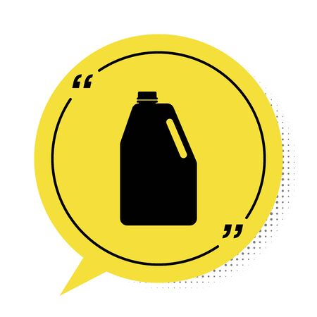 Black Household chemicals blank plastic bottle icon isolated on white background. Liquid detergent or soap, stain remover, laundry bleach. Yellow speech bubble symbol. Vector Illustrationのイラスト素材