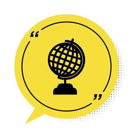 Black Earth globe icon isolated on white background. Yellow speech bubble symbol. Vector Illustrationのイラスト素材