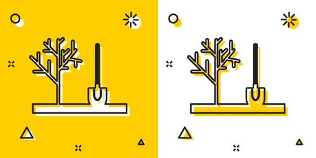 Black Planting a tree in the ground icon isolated on yellow and white background. Gardening, agriculture, caring for environment. Random dynamic shapes. Vector Illustrationのイラスト素材